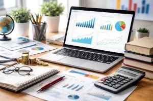 Desk setup with a laptop displaying financial dashboards and graphs, surrounded by notebooks, calculator, coins, glasses, and printed reports showing charts and data analysis.