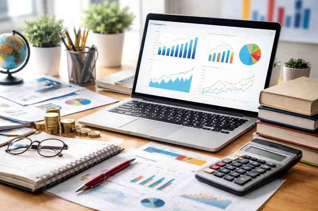 Desk setup with a laptop displaying financial dashboards and graphs, surrounded by notebooks, calculator, coins, glasses, and printed reports showing charts and data analysis.
