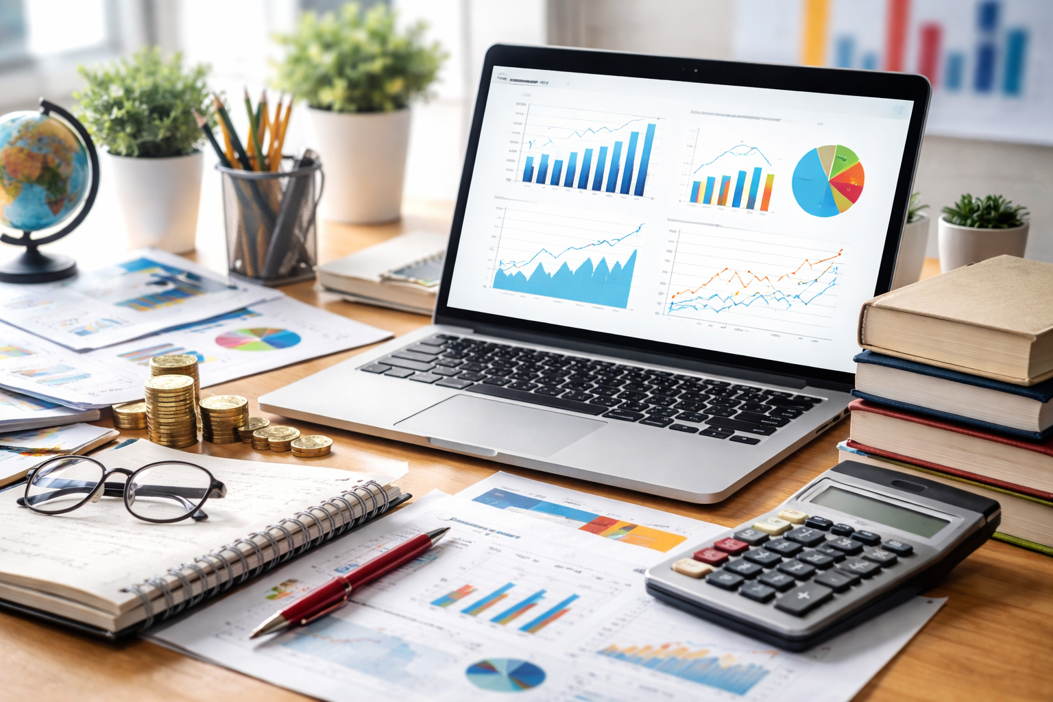 Desk setup with a laptop displaying financial dashboards and graphs, surrounded by notebooks, calculator, coins, glasses, and printed reports showing charts and data analysis.