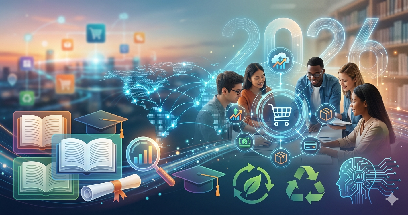 A diverse group of university students collaborating around a glowing digital interface showing ecommerce icons, global networks, AI symbols, and sustainability graphics in a modern library setting, representing academic research in 2026.