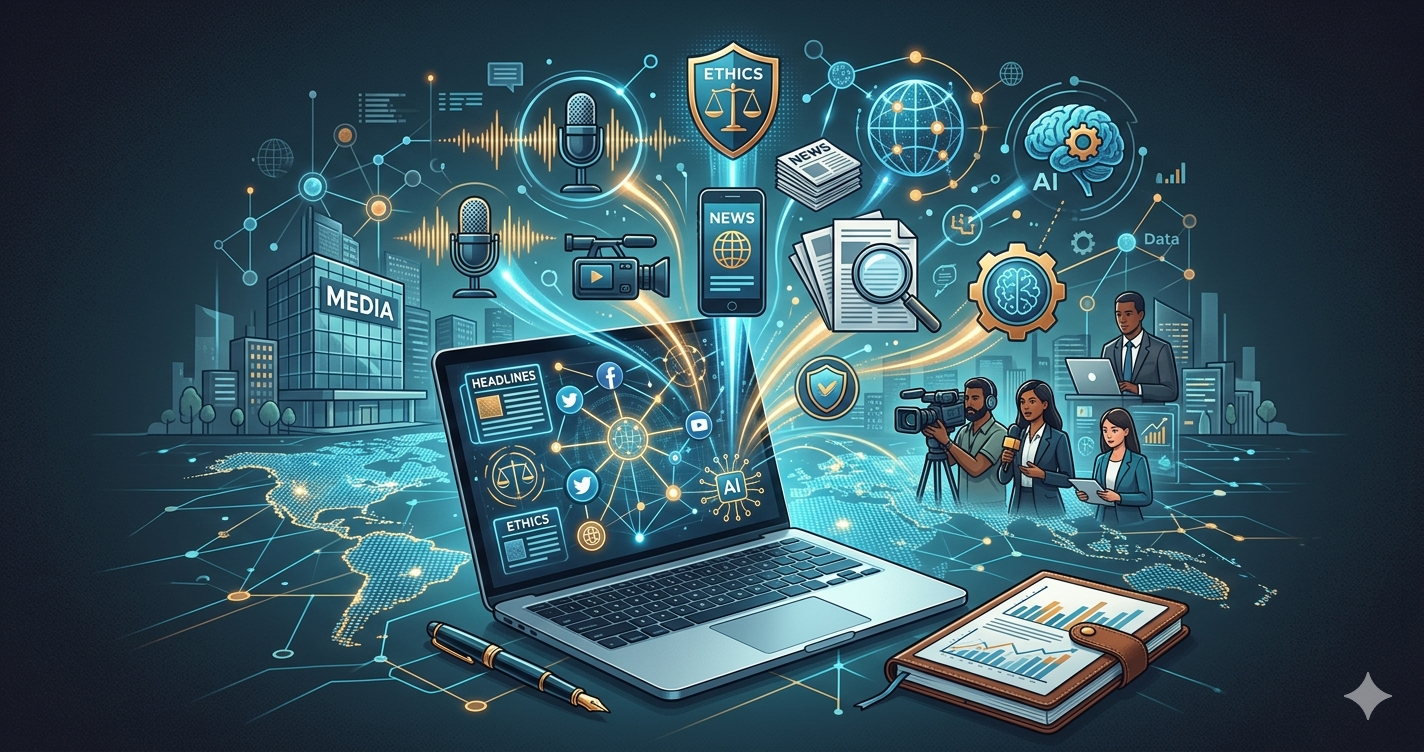A digital infographic illustrating journalism dissertation research themes, featuring a laptop radiating network streams to icons of ethics, media, data, and AI. Diverse journalists are broadcasting against a connected world map, signifying modern media challenges.