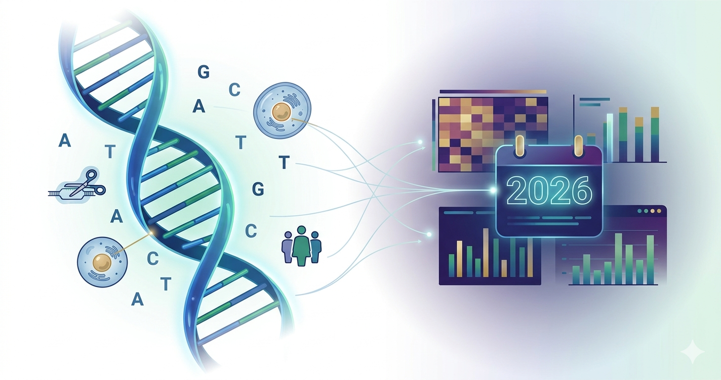 A stylized vector illustration representing the future of genetics research. On the left, a green and blue DNA helix is surrounded by genomic codes (A, T, C, G) and tiny icons illustrating CRISPR gene editing, a human cell nucleus, and a small stylized human population group. On the right, these elements connect via glowing lines to various dynamic data visualizations, heatmaps, and digital graphs, all leading toward a central calendar icon featuring the year '2026'. The background is a clean white and soft blue gradient, conveying a sense of intellectual discovery and modern technology without using any overlay text.