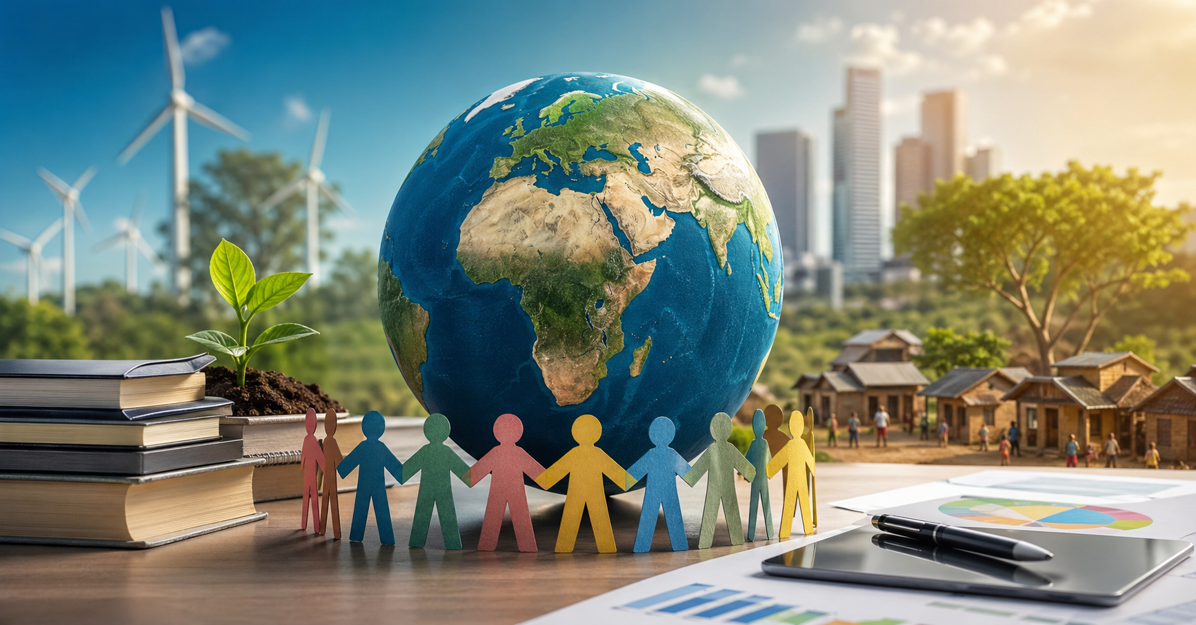Globe surrounded by diverse people figures, books, plant, and wind turbines representing sustainable development, education, and global research themes