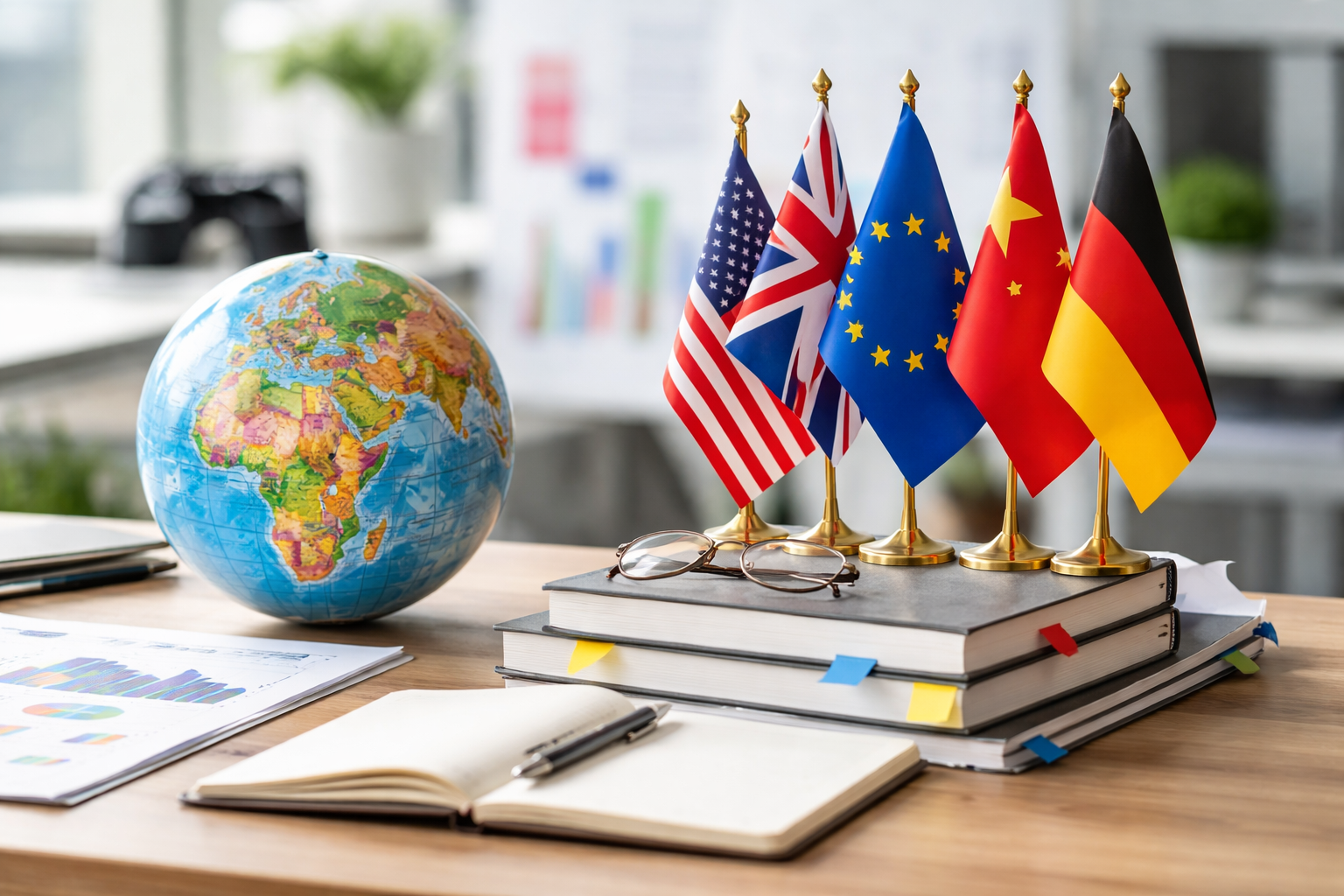 A professional academic desk setup featuring a world globe, international flags, books, and study materials representing international relations dissertation research and global geopolitics.
