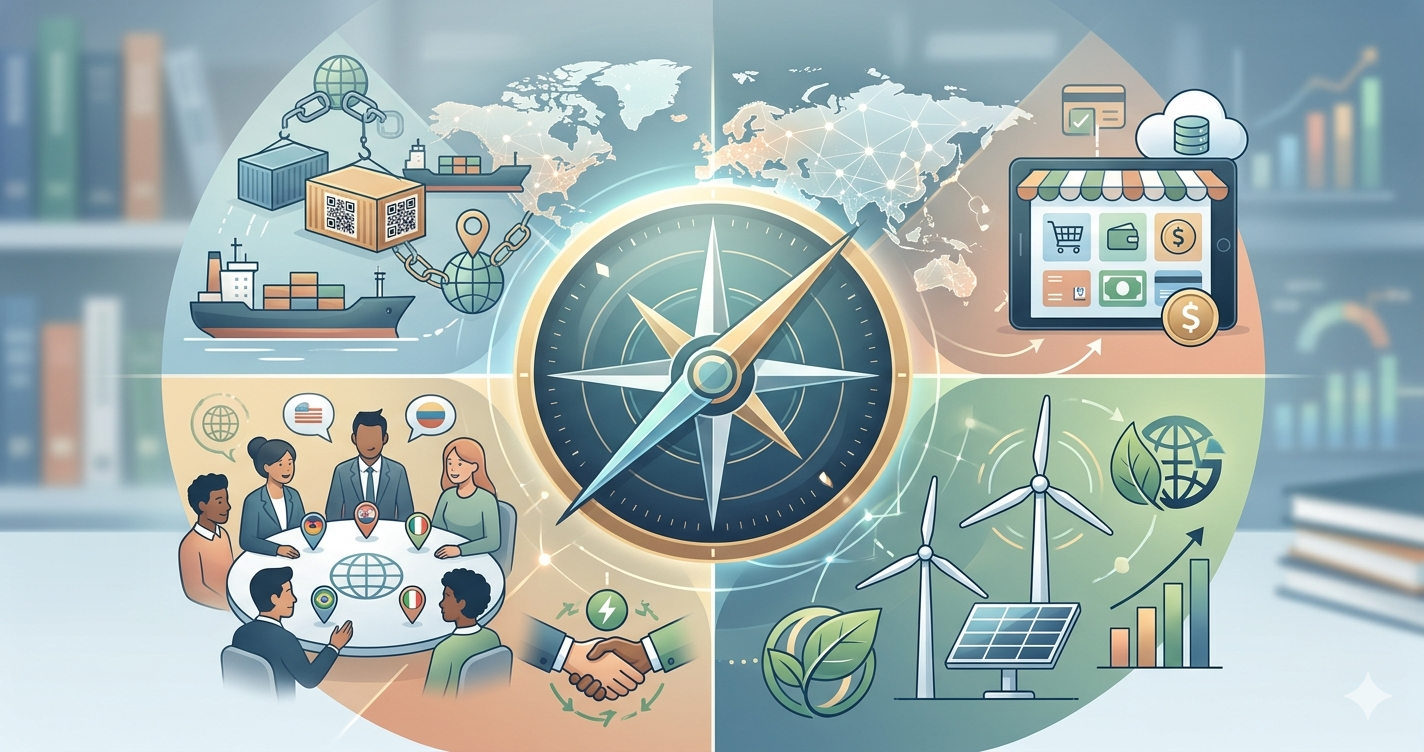 A compass over a global map surrounded by digital trade, green energy, and cross-cultural icons."