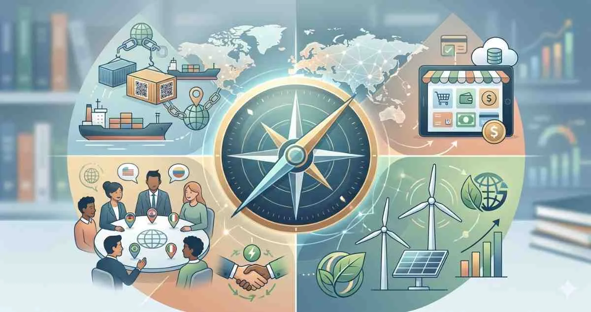 A compass over a global map surrounded by digital trade, green energy, and cross-cultural icons."