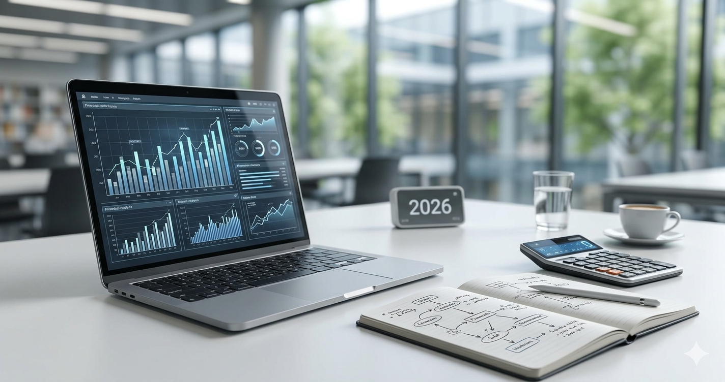 A professional desk setup in a modern office or library for 2026, featuring a laptop with data charts, an open research notebook, and a calculator.