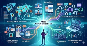 A conceptual illustration showing a researcher surrounded by diverse, interconnected pathways representing modern media research topics like digital journalism, global political movements, ethics, and technology.