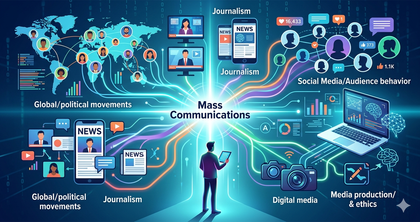 A conceptual illustration showing a researcher surrounded by diverse, interconnected pathways representing modern media research topics like digital journalism, global political movements, ethics, and technology.