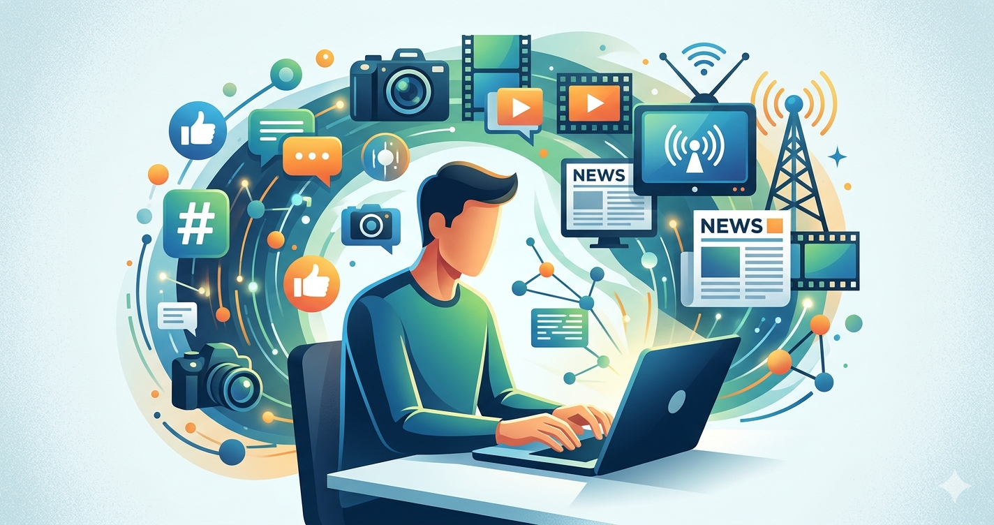 A modern vector illustration representing media studies research. A student sits at a desk with a laptop, surrounded by swirling icons and visuals representing social media, cameras, journalism, television, radio, and data streams, all symbolizing the diverse fields of media analysis without text.