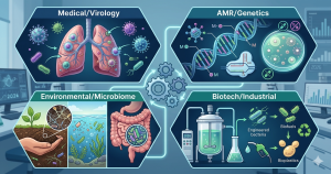 A 1200x628 digital illustration designed as a header for a microbiology dissertation guide, showcasing diverse research fields. The image features interconnected hexagonal panels representing medical microbiology and virology (lung immune response), antimicrobial resistance and genetics (CRISPR-Cas9 and resistance patterns), environmental microbiology and microbiome research (soil health and gut flora), and industrial biotechnology (bioreactors and bioplastics synthesis), set against a blurred laboratory background.