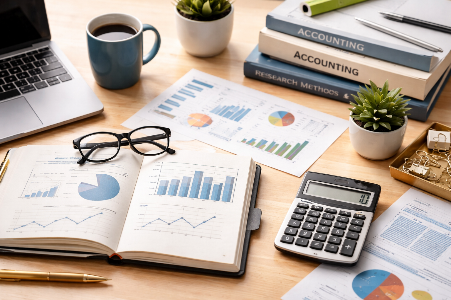 A clean study desk with a laptop, calculator, accounting books, and printed financial charts, representing accounting dissertation research and data analysis for students.