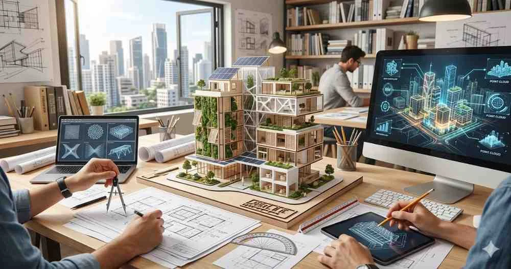 A vibrant architecture design studio scene showing architects collaborating with a physical model, digital drawings, and blueprints, illustrating research for an architectural design dissertation.