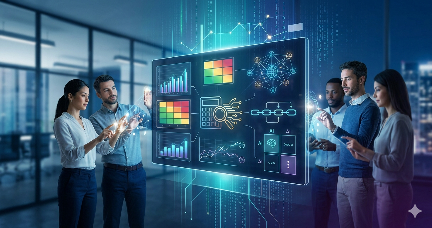 A futuristic and dynamic visualization of modern auditing research. In the center, a translucent digital interface displays interconnected glowing icons representing data analytics, blockchain links, AI decision models, and risk assessment heatmaps. focused professionals, symbolizing researchers or students, interact with these floating data visualizations in a clean, professional, and blurred futuristic office background, using innovative technology. The image contains no visible text.