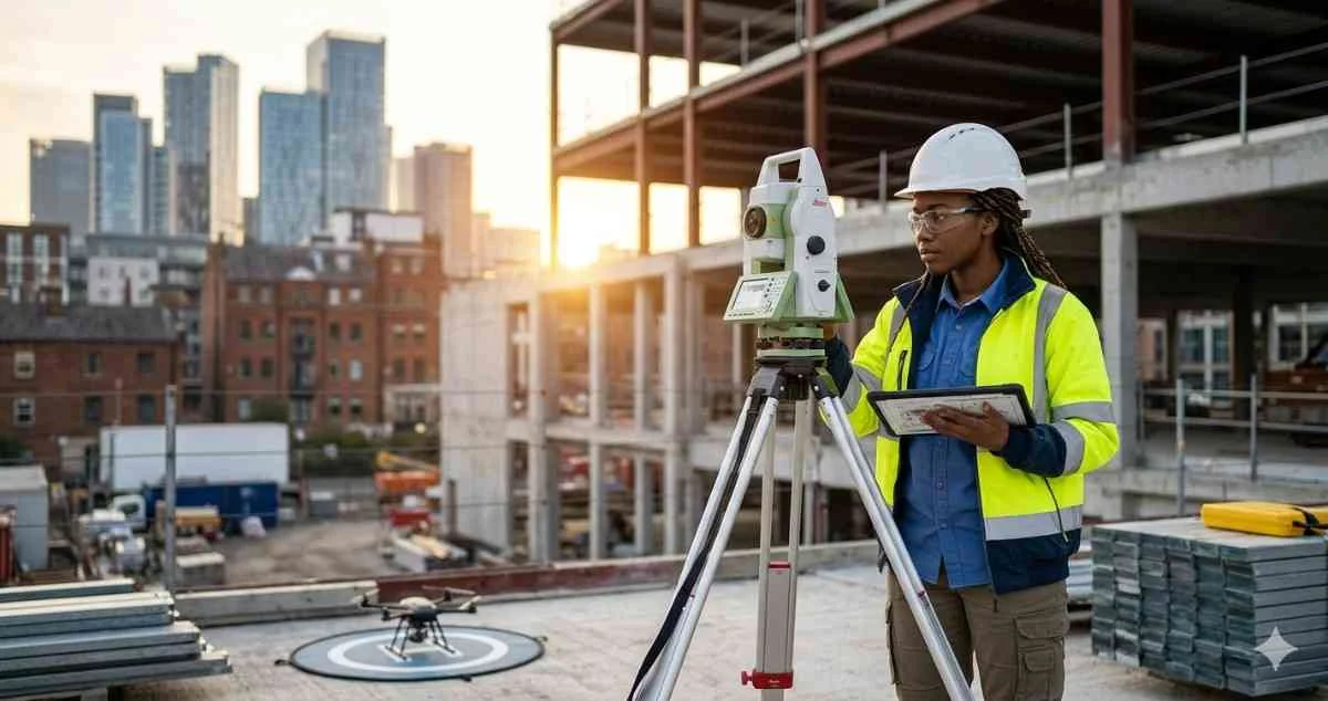 A female building surveyor in safety gear operates a total station and a digital tablet on a modern construction site at sunset, with a drone and city skyline visible.