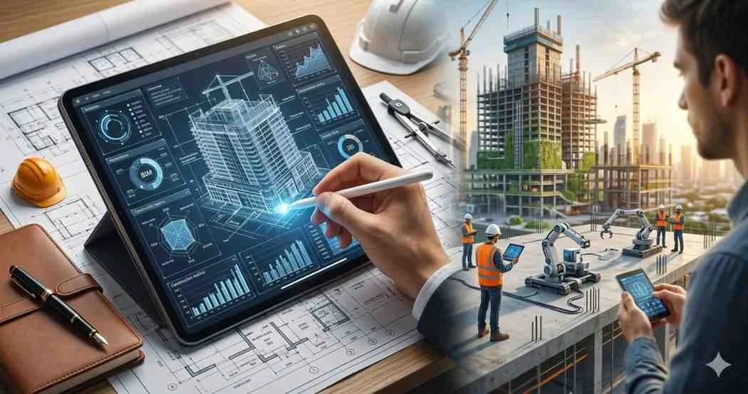 A professional using a digital tablet to review complex 3D BIM models and construction data analytics, overlaid with a modern high-rise building site featuring robotic automation and sustainable green architecture.