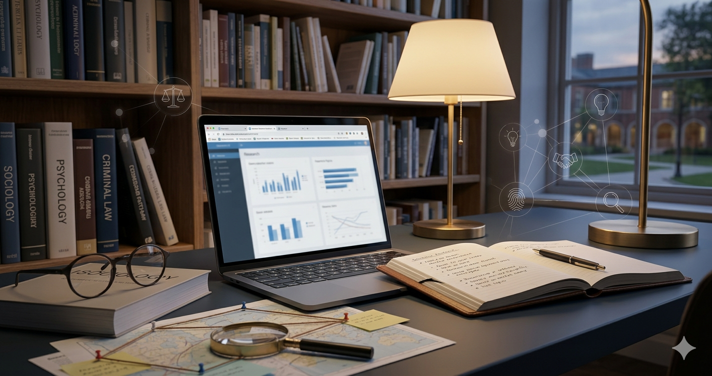 A high-resolution 1200x628 feature image showing a professional academic desk at night. On the desk is a laptop displaying crime data charts, an open research notebook with a pen, a magnifying glass over a map, and several thick textbooks labeled 'Sociology,' 'Psychology,' and 'Criminal Law.' Subtle digital holograms of a fingerprint, scales of justice, and a magnifying glass float above the workspace, representing the intersection of technology and traditional criminology
