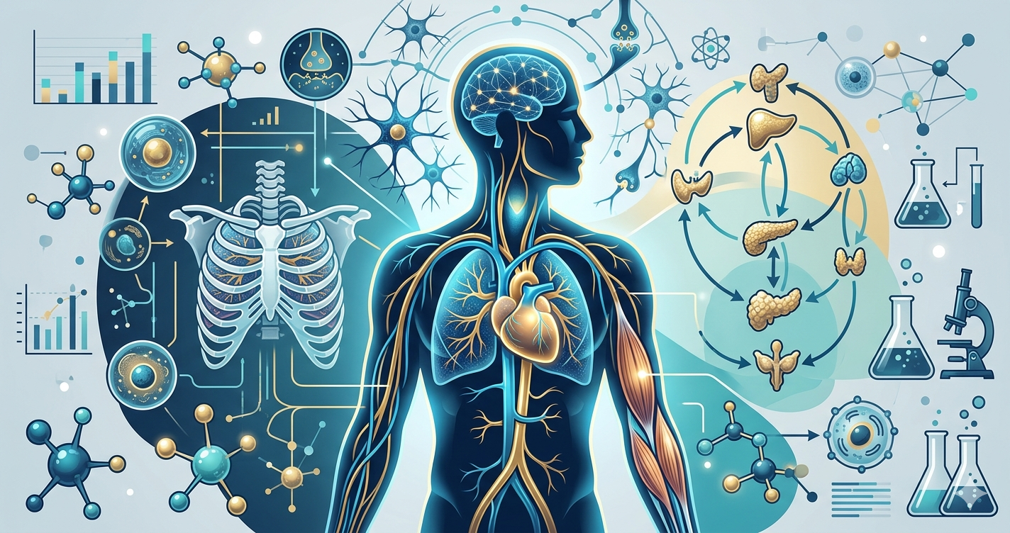 A 1200x628 professional digital illustration of a human silhouette showcasing integrated physiological systems. It features detailed, glowing anatomical elements like the heart, lungs, and neural pathways in deep blue and gold tones, symbolizing advanced 2026 academic research in medical physiology.