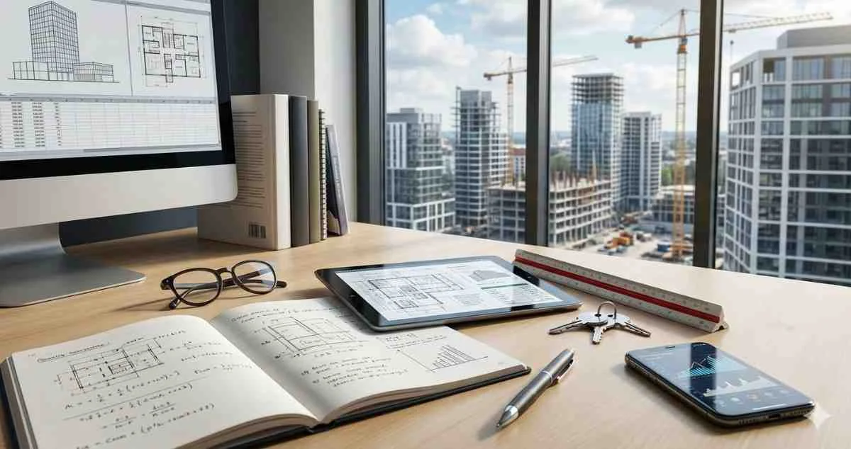 A high-resolution professional workspace for a quantity surveyor featuring a computer monitor with cost estimation spreadsheets, a tablet displaying architectural blueprints, and a handwritten research notebook on a wooden desk. In the background, a large window reveals a bustling 2026 urban construction site with high-rise buildings and tower cranes under a clear sky.
