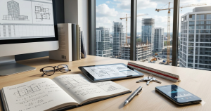 A high-resolution professional workspace for a quantity surveyor featuring a computer monitor with cost estimation spreadsheets, a tablet displaying architectural blueprints, and a handwritten research notebook on a wooden desk. In the background, a large window reveals a bustling 2026 urban construction site with high-rise buildings and tower cranes under a clear sky.
