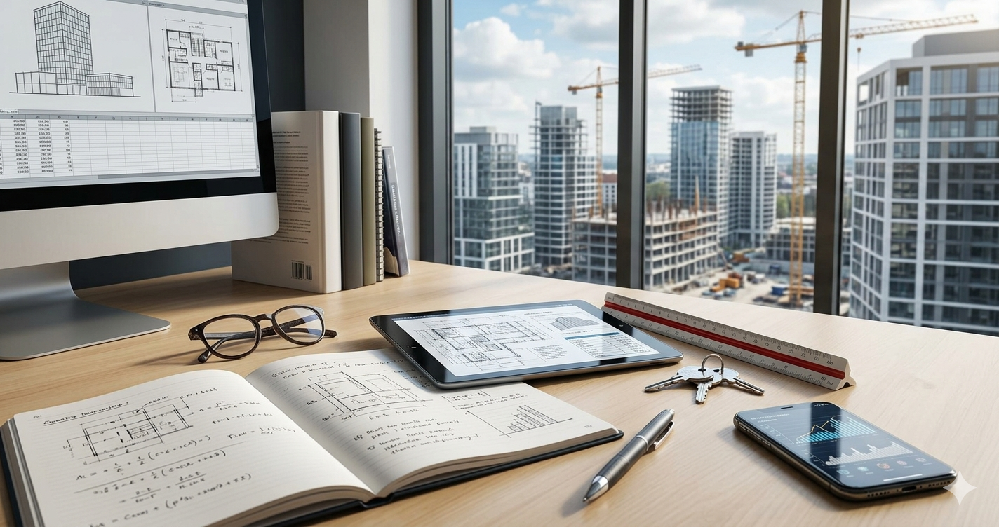 A high-resolution professional workspace for a quantity surveyor featuring a computer monitor with cost estimation spreadsheets, a tablet displaying architectural blueprints, and a handwritten research notebook on a wooden desk. In the background, a large window reveals a bustling 2026 urban construction site with high-rise buildings and tower cranes under a clear sky.