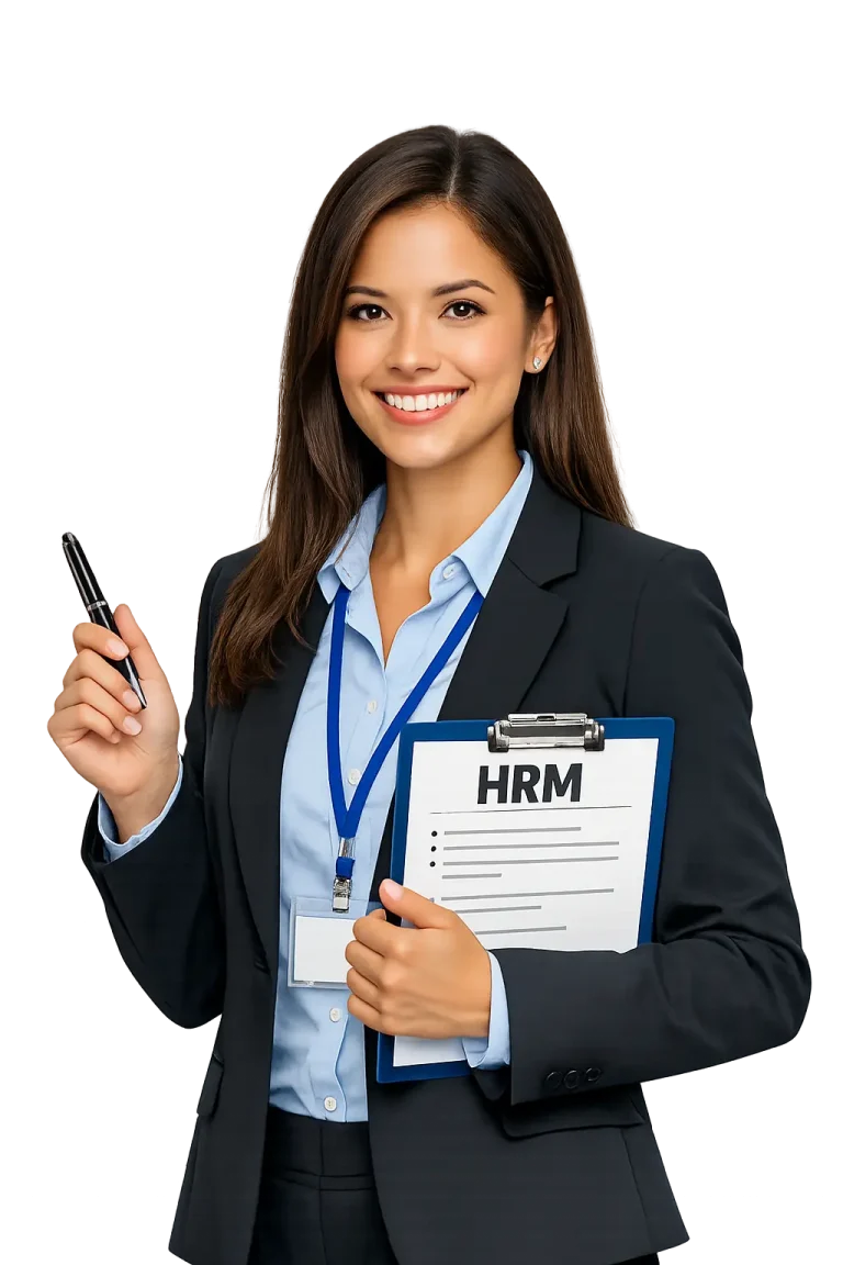 HRM professional woman holding clipboard and pen in formal attire isolated portrait