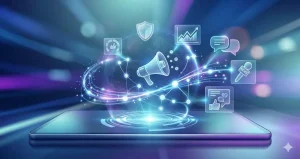 A futuristic conceptual illustration showing a glowing global network of interconnected data nodes, symbolizing modern digital Public Relations, media analysis, strategic communication, and reputation management in 2026.