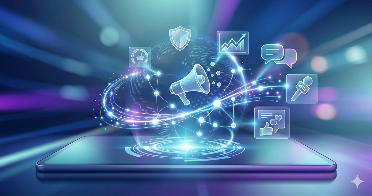 A futuristic conceptual illustration showing a glowing global network of interconnected data nodes, symbolizing modern digital Public Relations, media analysis, strategic communication, and reputation management in 2026.