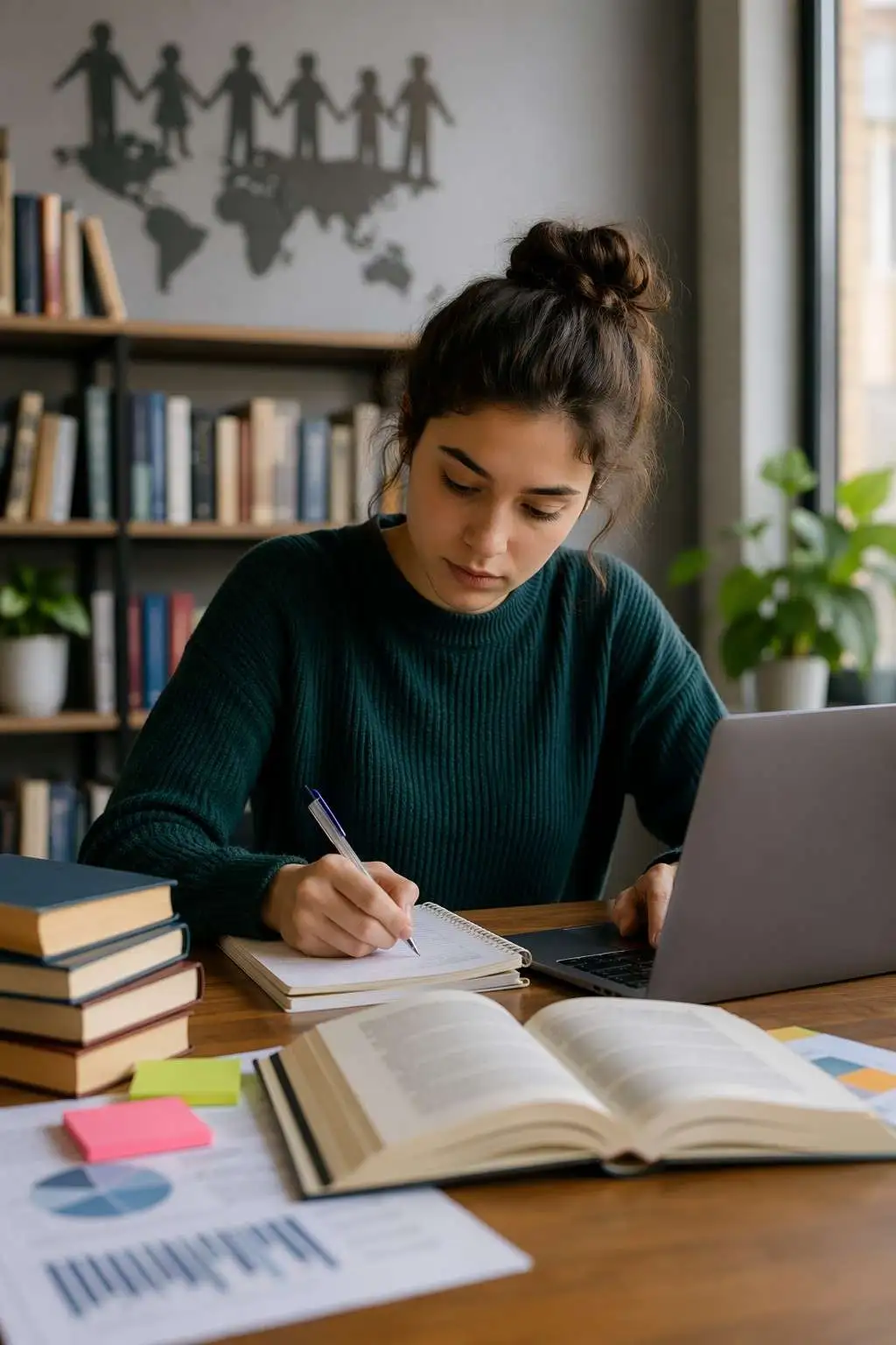 Student working on sociology dissertation with books laptop and research notes in a study environment