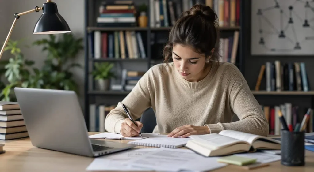 Student working on sociology dissertation with research documents and laptop in a focused academic study setting