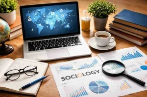 A wooden study desk featuring an open laptop displaying a global network map, a printed document titled "SOCIOLOGY" with pie charts and graphs, a magnifying glass, reading glasses on an open notebook, and a cup of coffee.