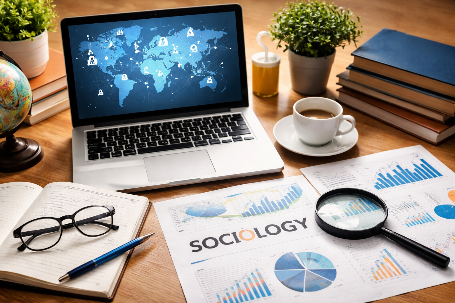 A study desk setup featuring a laptop displaying a world map with digital network icons, alongside sociology research papers with charts and graphs, books, a cup of coffee, a magnifying glass, glasses, and stationery arranged on a wooden table.
