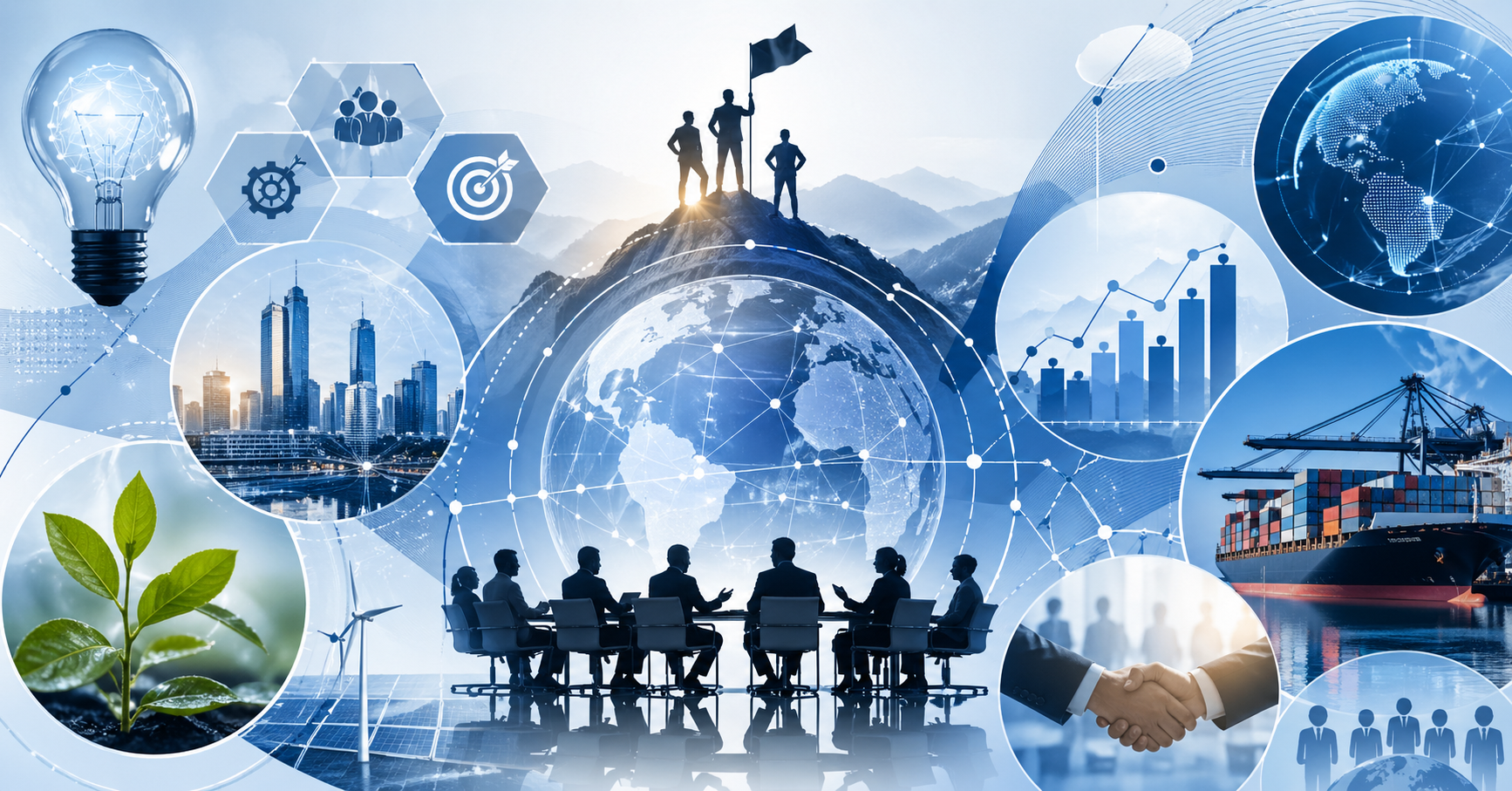 Wide corporate-style illustration showing interconnected global business strategy themes, including digital transformation, leadership, sustainability, analytics, and international trade, represented through abstract networks, professionals, data charts, and modern corporate visuals in a blue-toned futuristic design.