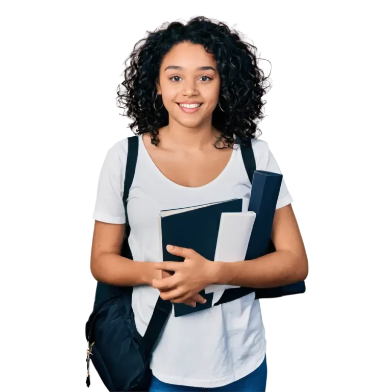 Smiling university student holding books and documents with backpack for dissertation writing help service