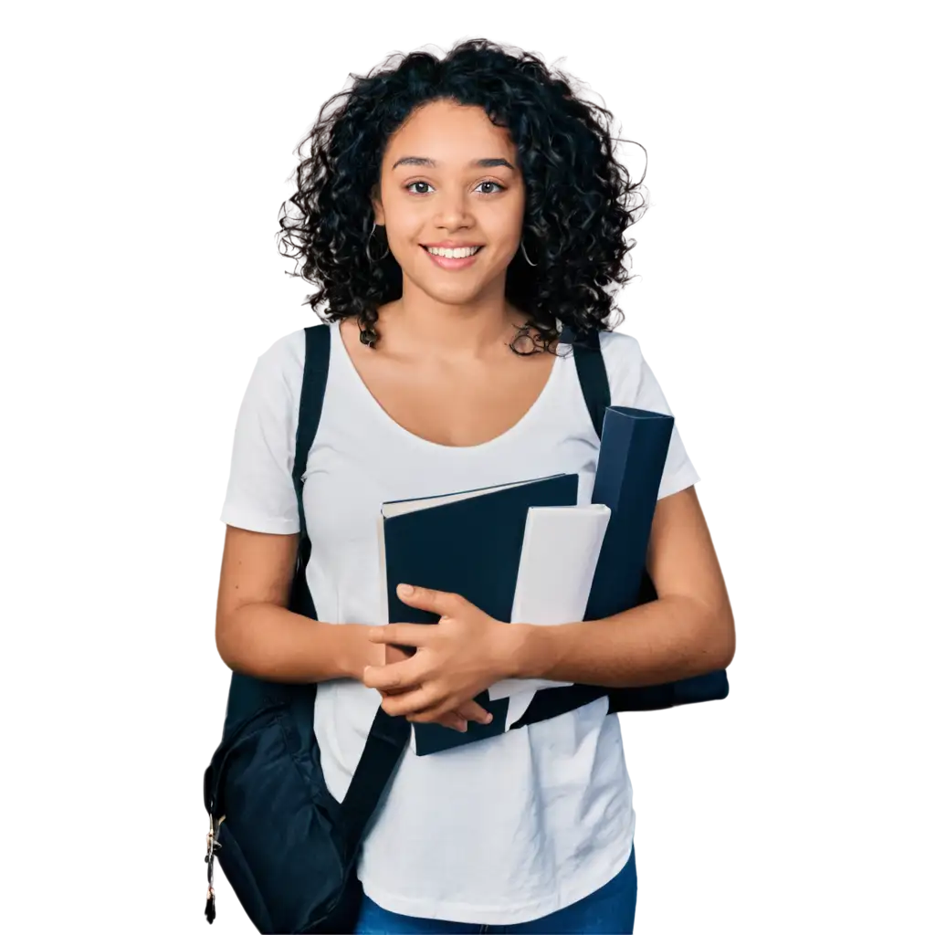 Smiling university student holding books and documents with backpack for dissertation writing help service