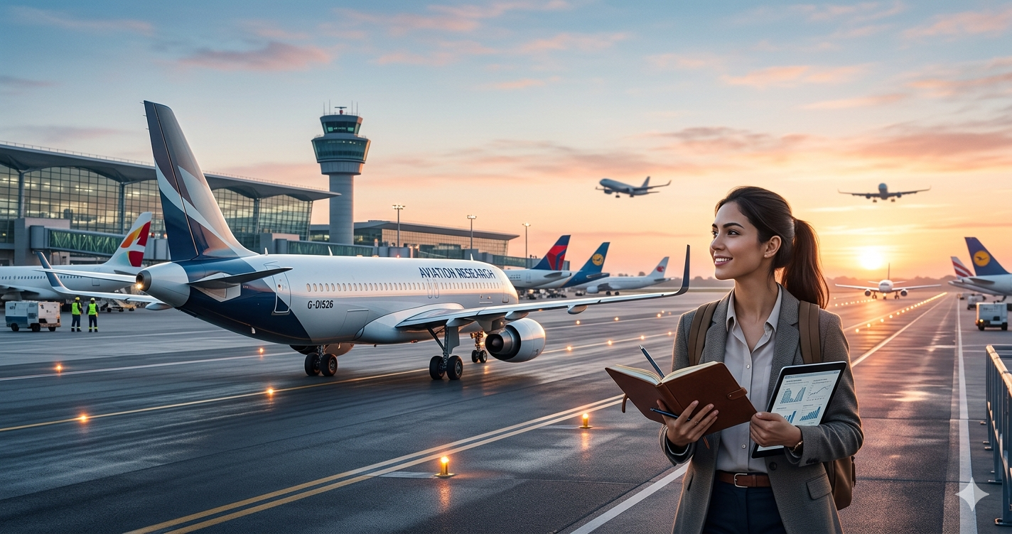 A young female academic researcher wearing a blazer stands on a busy airport tarmac at sunrise, smiling as she looks up while holding an open notebook and a digital tablet displaying data charts. In the background are commercial airplanes with liveries, an air traffic control tower, a modern terminal building, and planes taking off, illustrating aviation field research and dissertation planning.