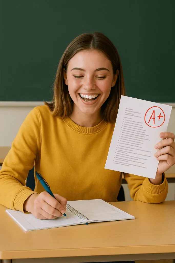 happy student holding A plus grade paper while writing in notebook at desk