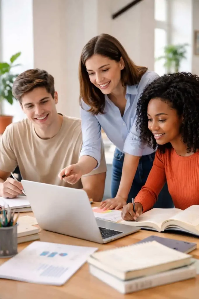 Undergraduate students collaborating on dissertation research using laptop and books in a bright study space