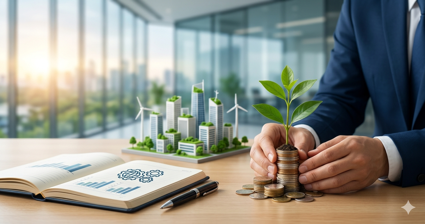 A professional in a suit nurturing a small green sprout growing from a stack of coins on a wooden office desk. In the background, a miniature sustainable city with wind turbines and green-roofed buildings sits next to an open business report, symbolizing the integration of financial growth and environmental responsibility.