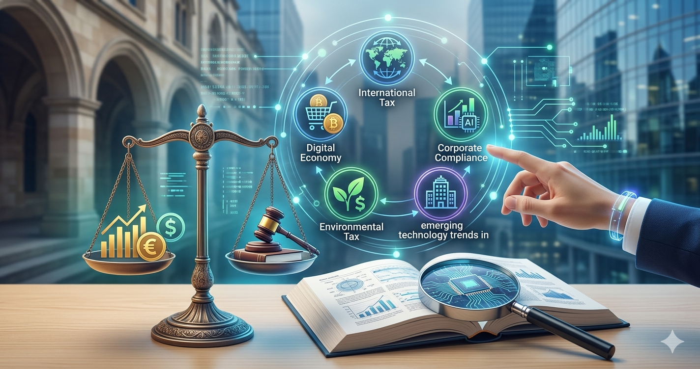 Comprehensive guide to 2026 tax accounting dissertation topics, showing the intersection of digital economy taxation, environmental tax policies, and corporate compliance audit tools on a professional blue and gold background.