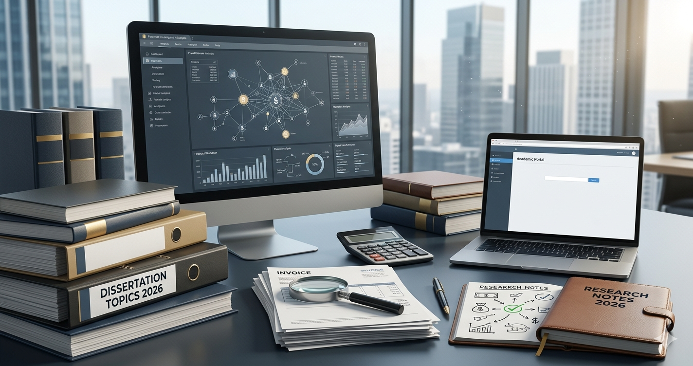 A professional investigator's desk setup, featuring stacked research binders, academic books, and a magnification glass on a pile of financial invoices, alongside an open laptop displaying a digital fraud network visualization on a monitor, against a backdrop of a city skyline.