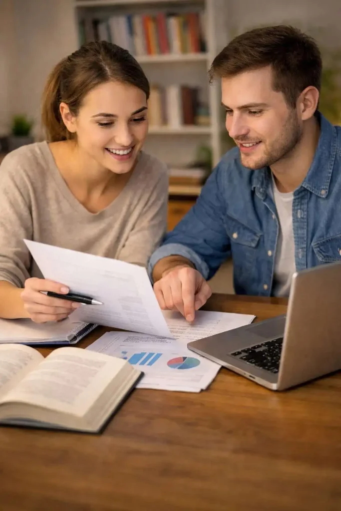 Two UK university students collaborating on a bachelor dissertation with books, notes, and a laptop in an academic study environment