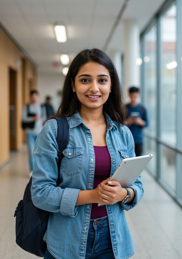 Female university student with backpack holding tablet in modern campus corridor