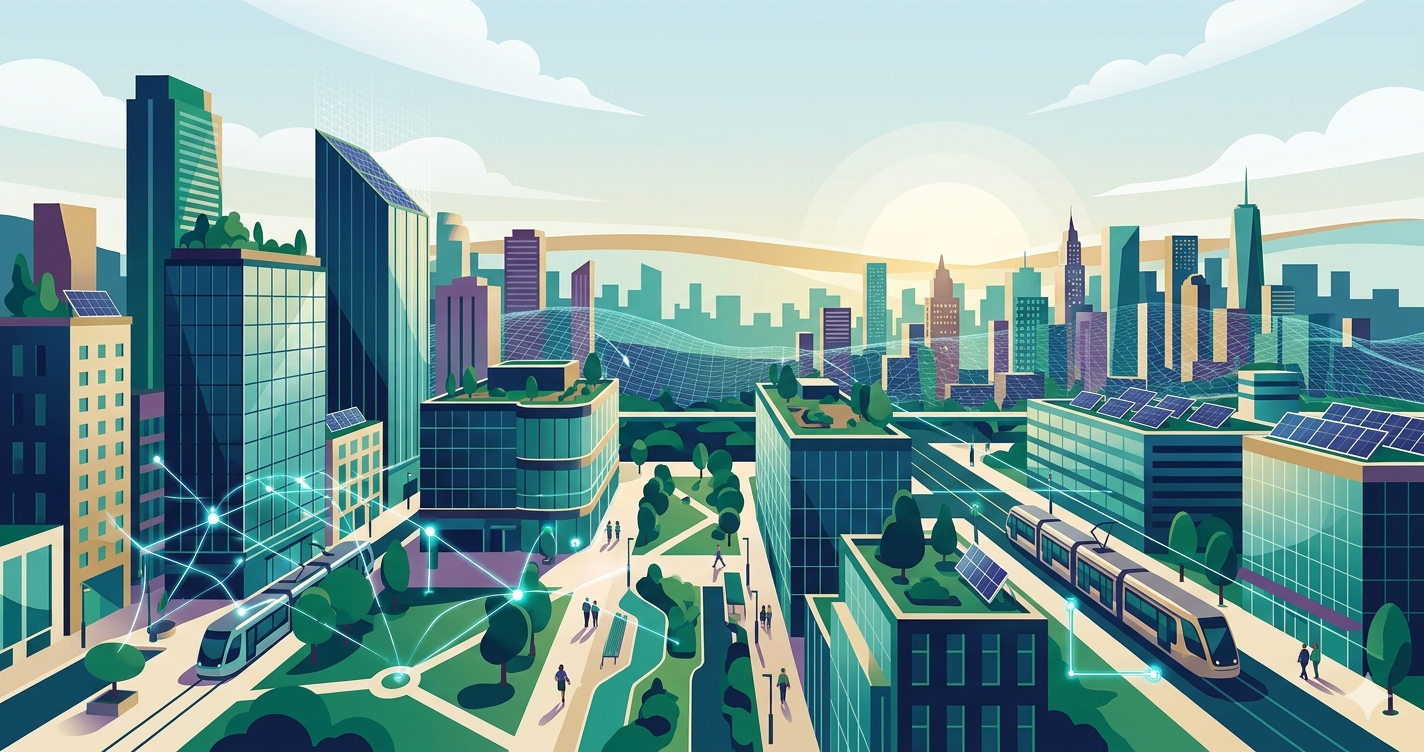 An illustration representing modern urban planning concepts, featuring green infrastructure, smart city technology, and sustainable transportation.