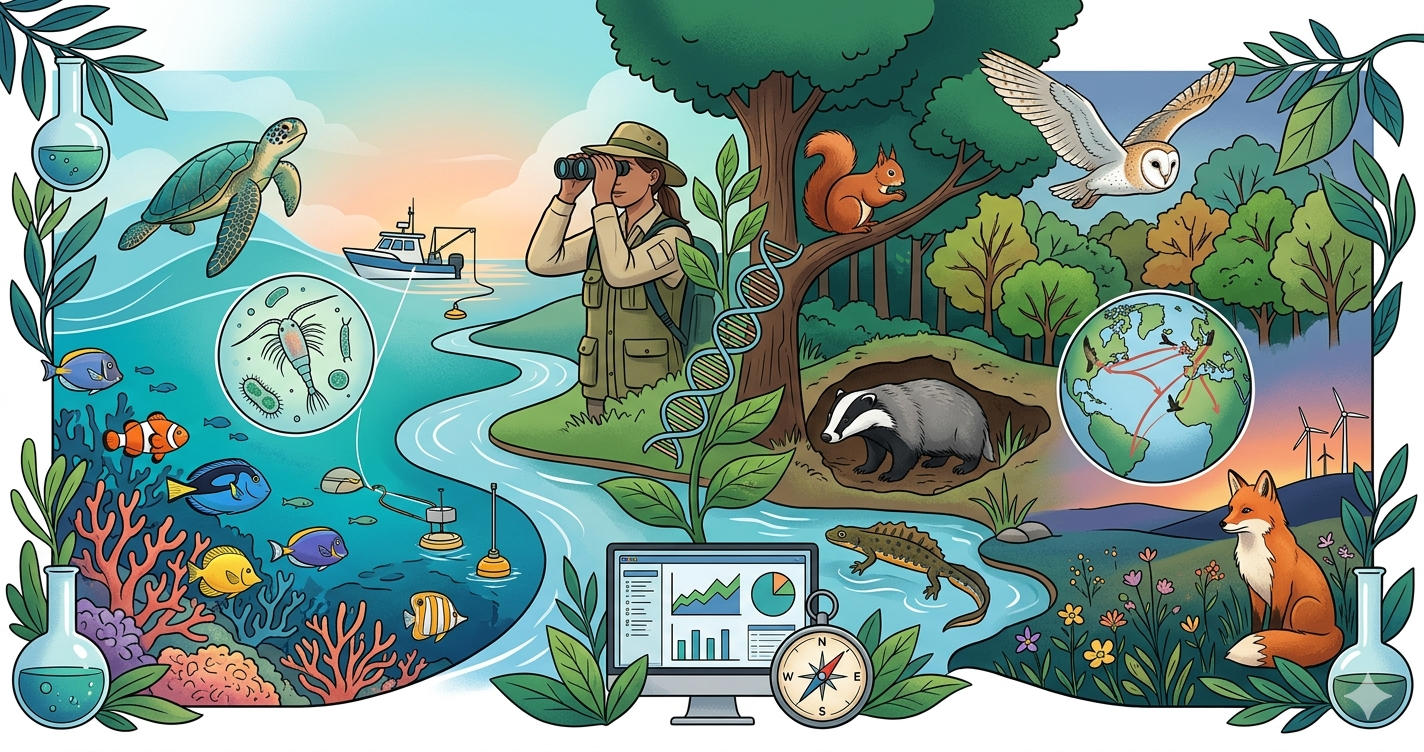 A horizontal illustration without text showing various fields of zoological research for dissertation topics. The left side features marine biology with a sea turtle, coral reef fish, and sampling equipment. The center shows a field researcher with binoculars, a DNA helix, and a river. The right side includes a badger in a sett, a squirrel on a tree, an owl, and a fox, plus a computer screen displaying data.