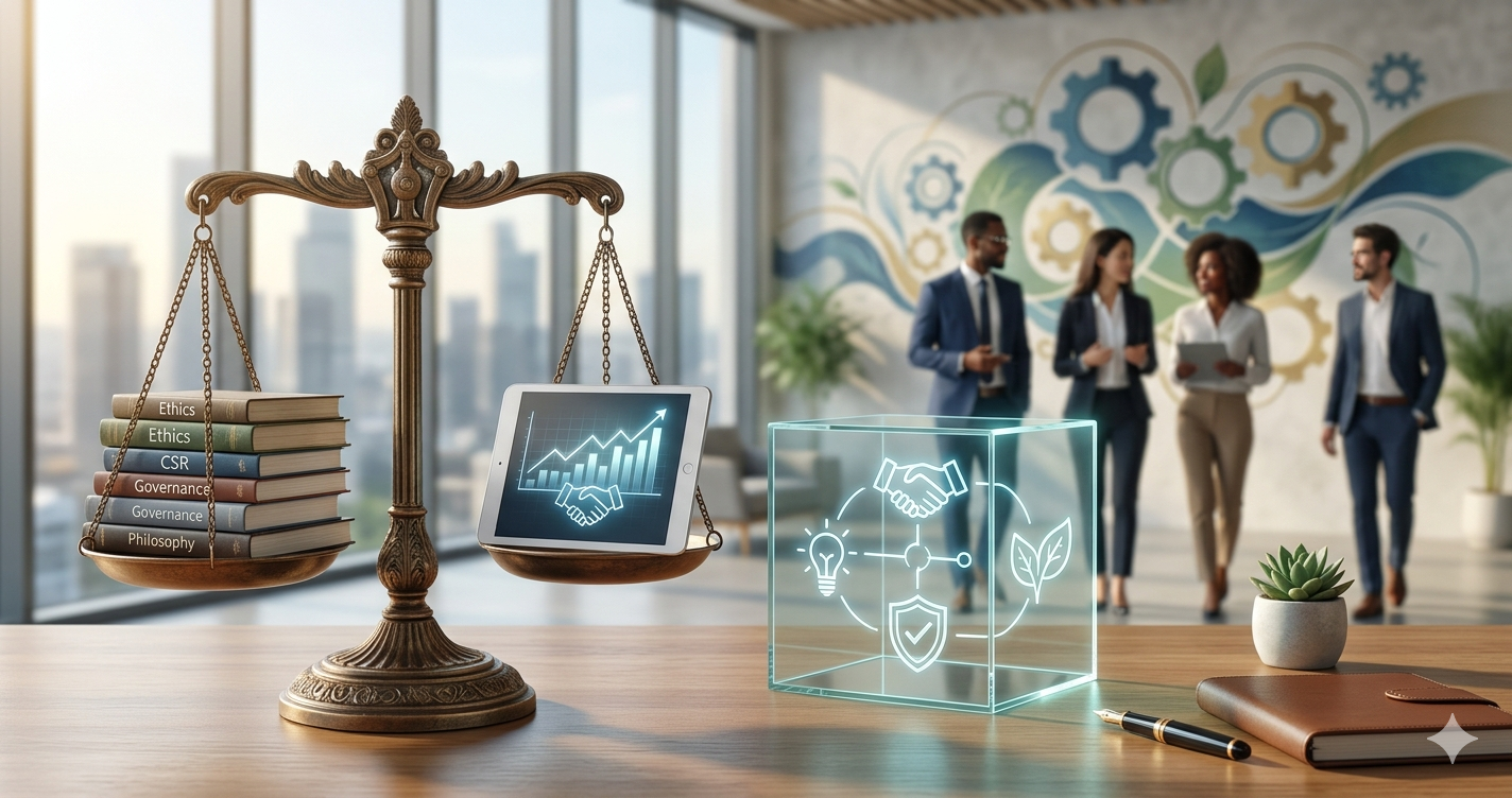 A conceptual image featuring a set of scales in a modern office. On one side are books labeled 'Ethics' and 'Philosophy'; on the other is a tablet showing a growing business graph and a glowing cube with icons for sustainability and integrity. In the background, a team of professionals is visible.