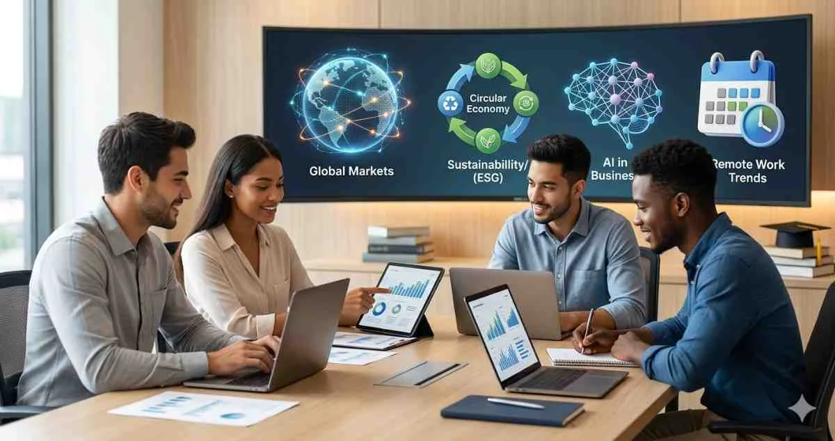 A diverse group of students collaborating on business dissertation research and data analysis in a modern study environment.
