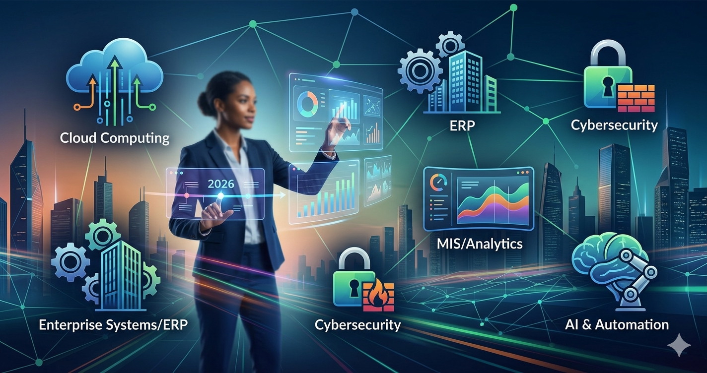 Conceptual illustration blending digital transformation symbols: cloud data, interconnected gears, cybersecurity padlock, management dashboards, and AI brain. A professional interacts with a holographic timeline pointing to '2026', set against a futuristic city skylin