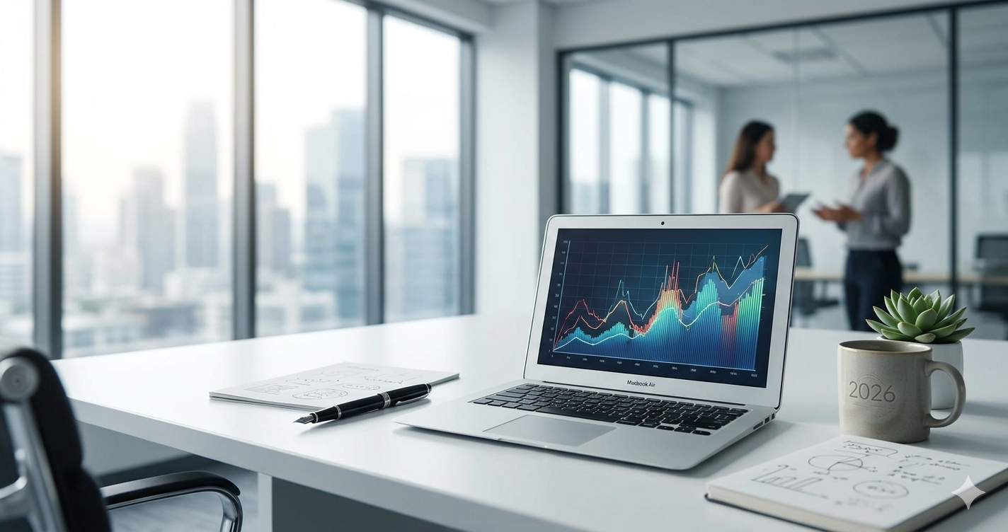 A laptop showing business data on a desk next to a '2026' coffee mug, a fountain pen, and a research notebook in a modern office with a city view