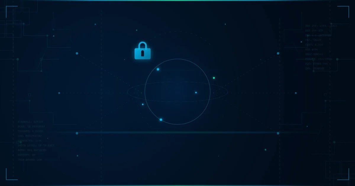 A dark-themed digital illustration featuring a central security shield with a padlock, surrounded by glowing circuit lines, hexagonal grid patterns, binary data streams, and network nodes — representing cybersecurity research and dissertation topics for 2026.